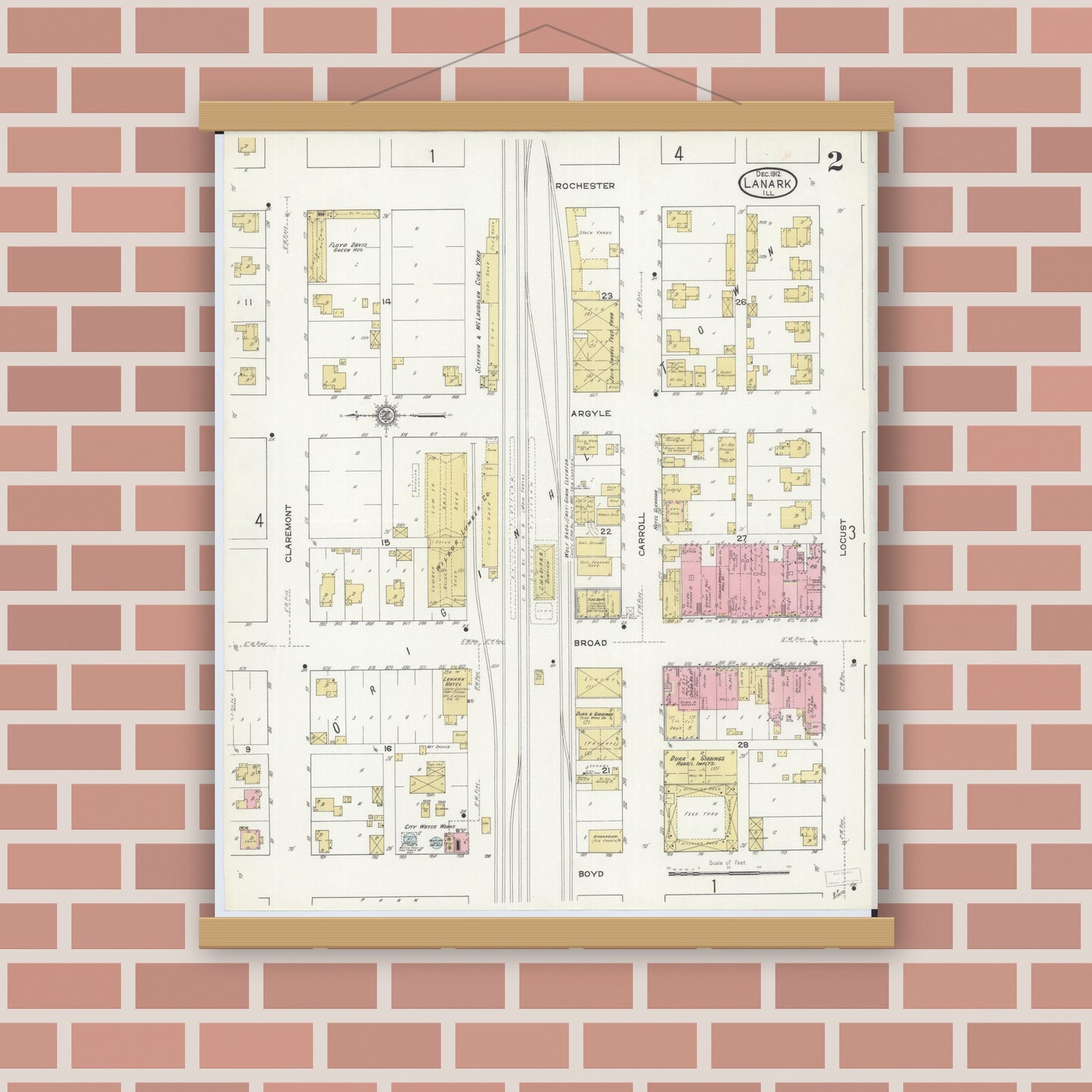 Old map wall art mockup — magnetic wood frame on brick wall — Sanborn Fire Insurance Map from Lanark, Carroll County, Illinois (1912), Sheet #0002