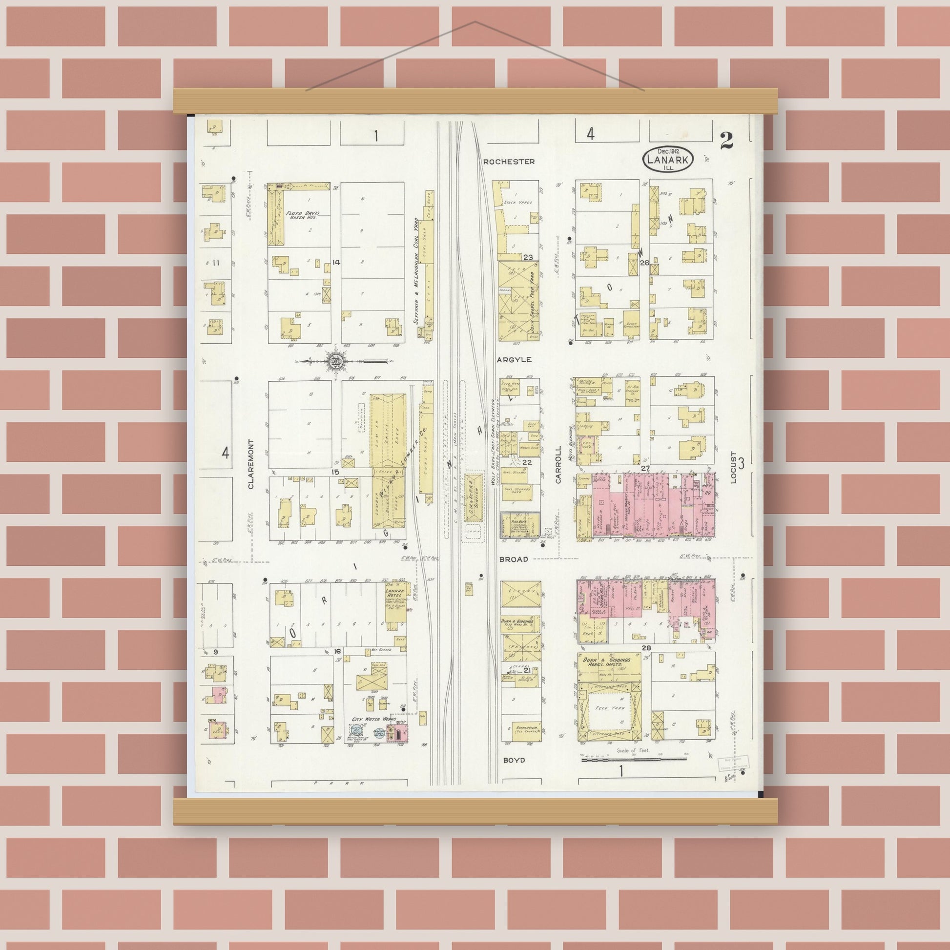 Old map wall art mockup — magnetic wood frame on brick wall — Sanborn Fire Insurance Map from Lanark, Carroll County, Illinois (1912), Sheet #0002