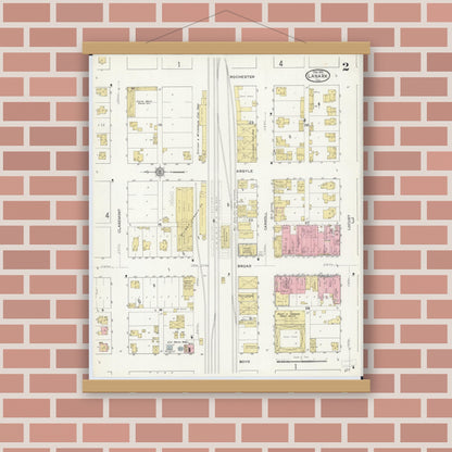 Old map wall art mockup — magnetic wood frame on brick wall — Sanborn Fire Insurance Map from Lanark, Carroll County, Illinois (1912), Sheet #0002
