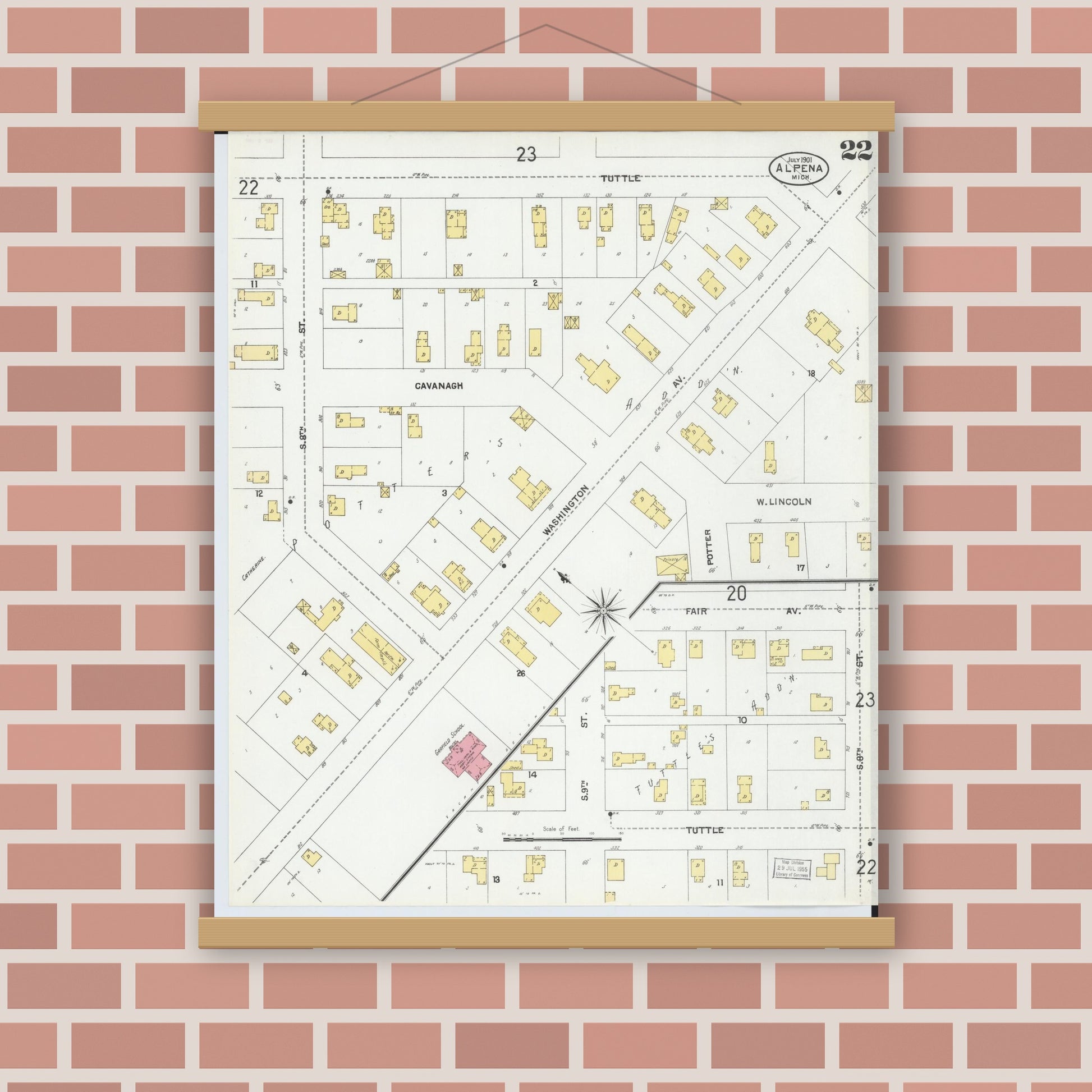 Old map wall art mockup — magnetic wood frame on brick wall — Sanborn Fire Insurance Map from Alpena, Alpena County, Michigan (1901), Sheet #0022