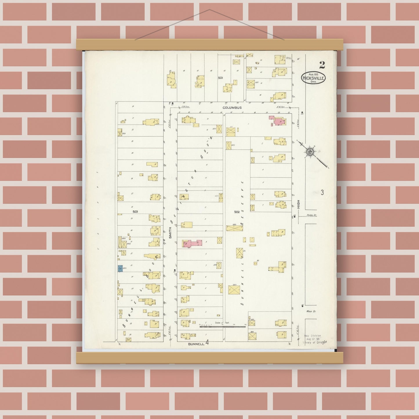Old map wall art mockup — magnetic wood frame on brick wall — Sanborn Fire Insurance Map from Hicksville, Defiance County, Ohio (1913), Sheet #0002