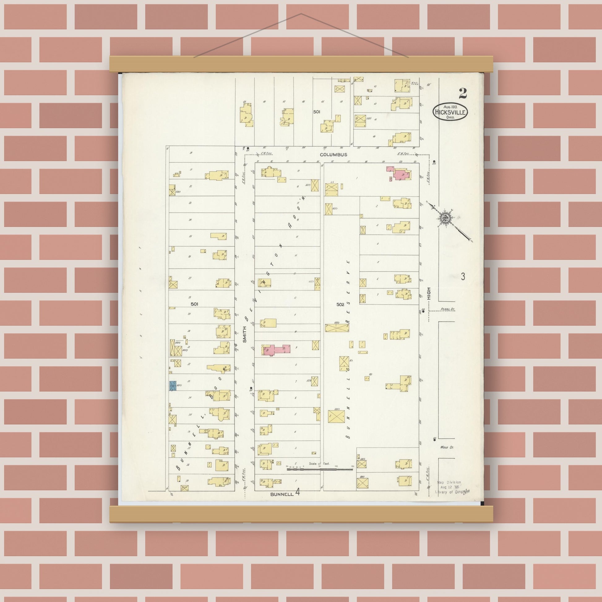 Old map wall art mockup — magnetic wood frame on brick wall — Sanborn Fire Insurance Map from Hicksville, Defiance County, Ohio (1913), Sheet #0002