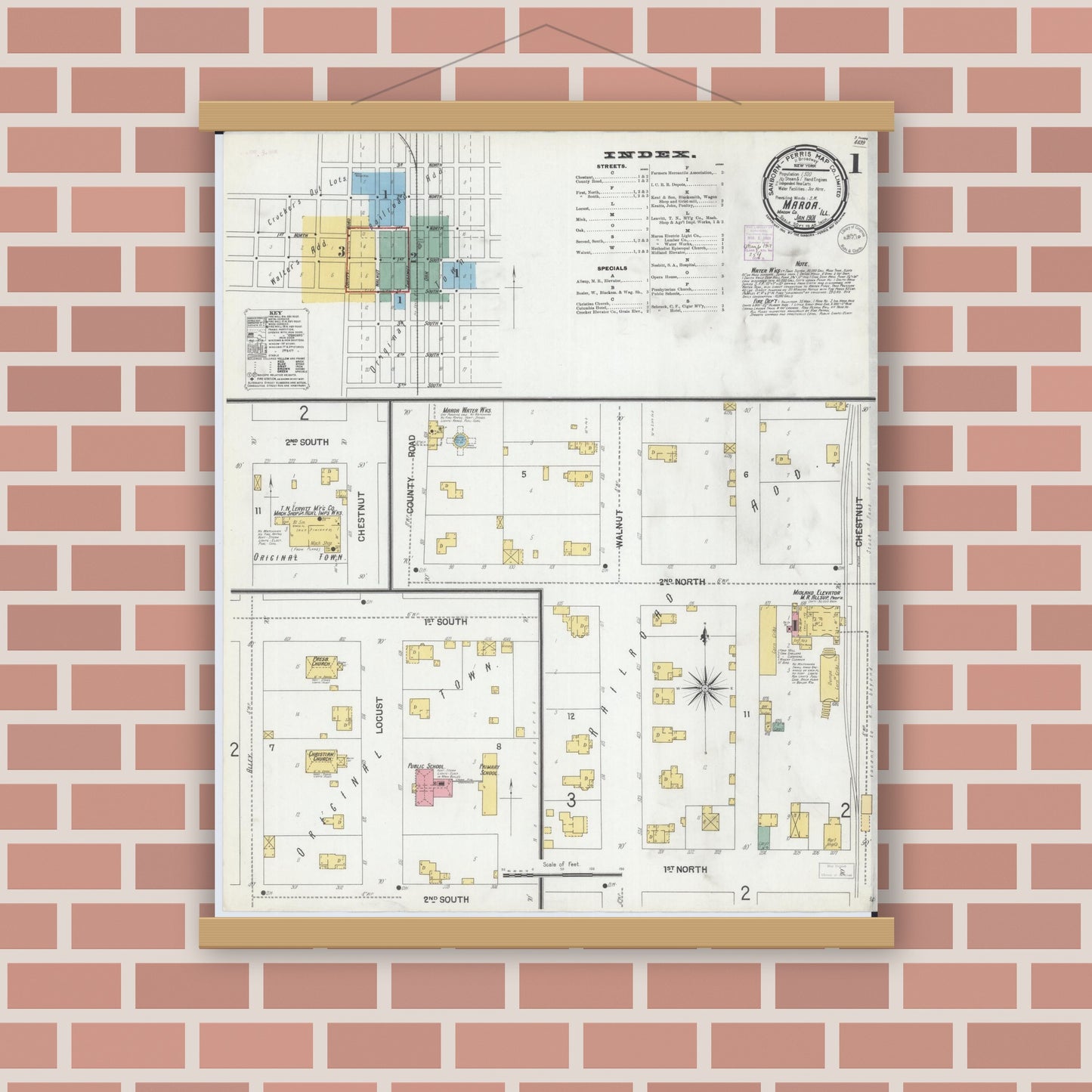 Old map wall art mockup — magnetic wood frame on brick wall — Sanborn Fire Insurance Map from Maroa, Macon County, Illinois (1901) - Complete Map Set