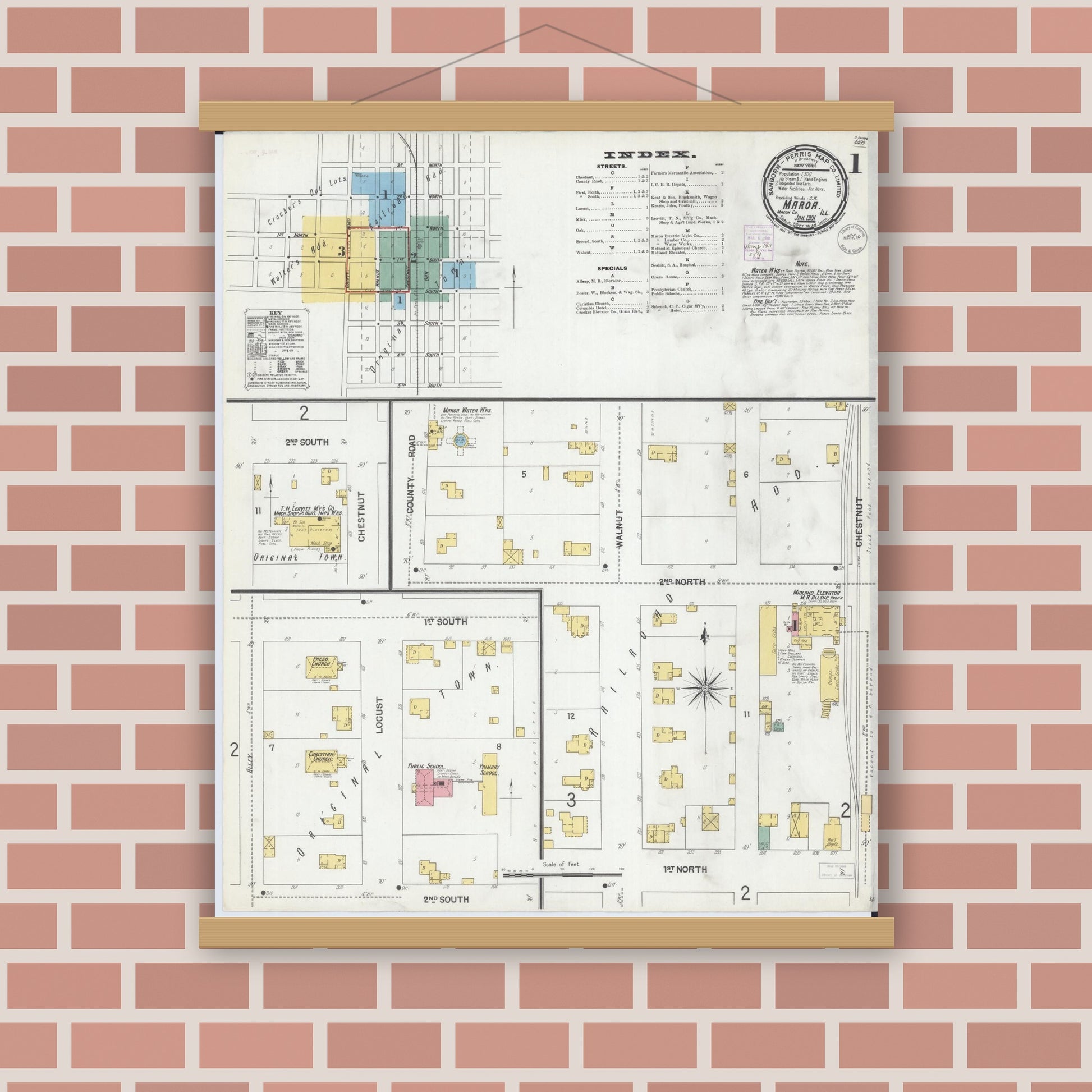 Old map wall art mockup — magnetic wood frame on brick wall — Sanborn Fire Insurance Map from Maroa, Macon County, Illinois (1901) - Complete Map Set