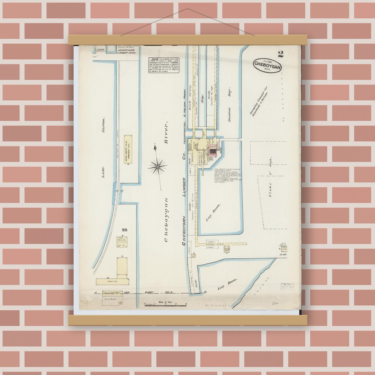 Old map wall art mockup — magnetic wood frame on brick wall — Sanborn Fire Insurance Map from Cheboygan, Cheboygan County, Michigan (1884), Sheet #0002