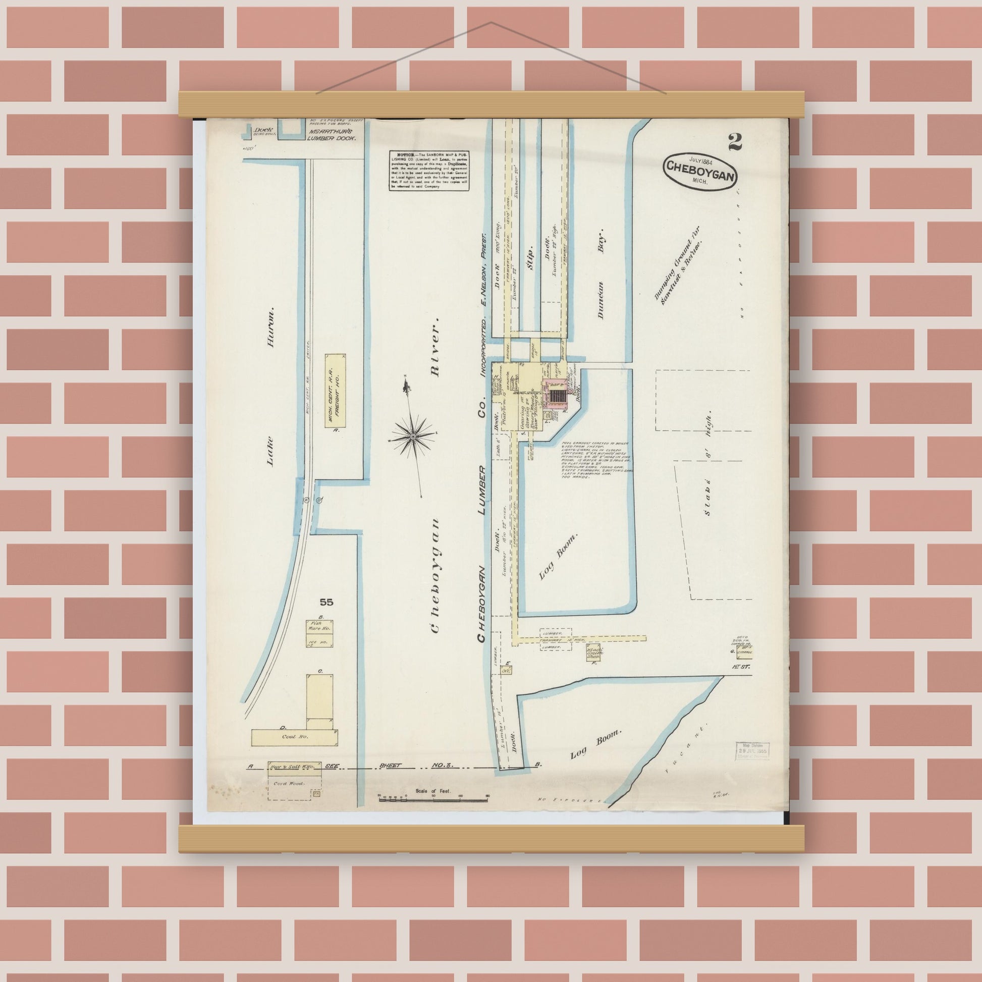 Old map wall art mockup — magnetic wood frame on brick wall — Sanborn Fire Insurance Map from Cheboygan, Cheboygan County, Michigan (1884), Sheet #0002