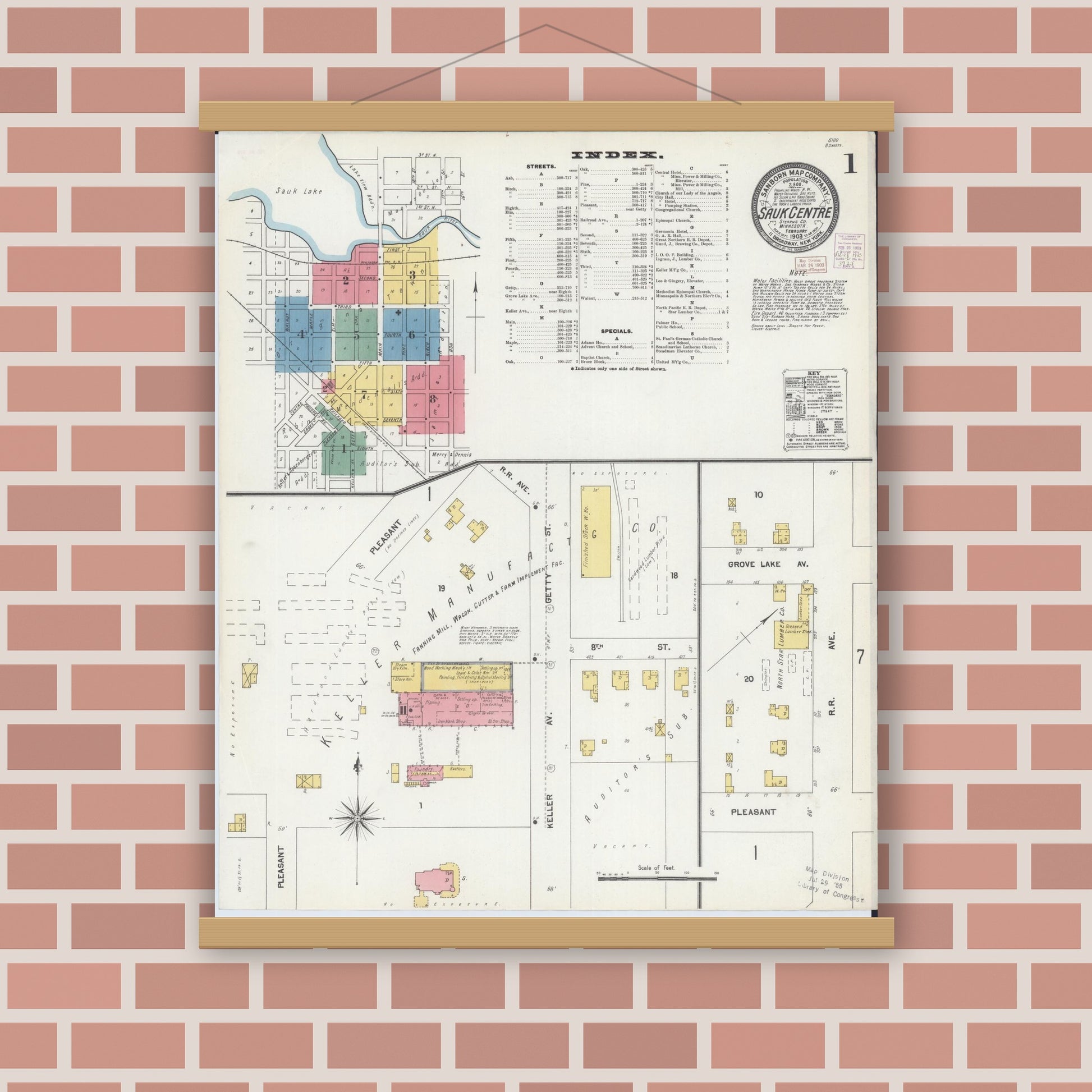 Old map wall art mockup — magnetic wood frame on brick wall — Sanborn Fire Insurance Map from Sauk Centre, Stearns County, Minnesota (1903) - Complete Map Set