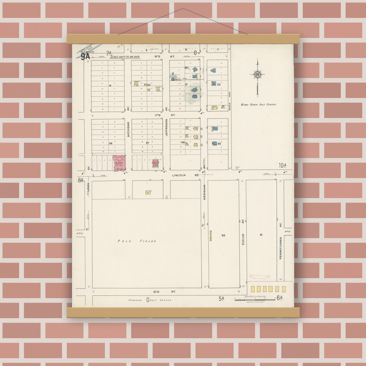Old map wall art mockup — magnetic wood frame on brick wall — Sanborn Fire Insurance Map from Miami Beach, Dade County, Florida (1921), Sheet #0009