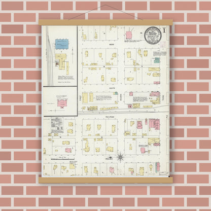 Old map wall art mockup — magnetic wood frame on brick wall — Sanborn Fire Insurance Map from Brookston, White County, Indiana (1907), Sheet #0001