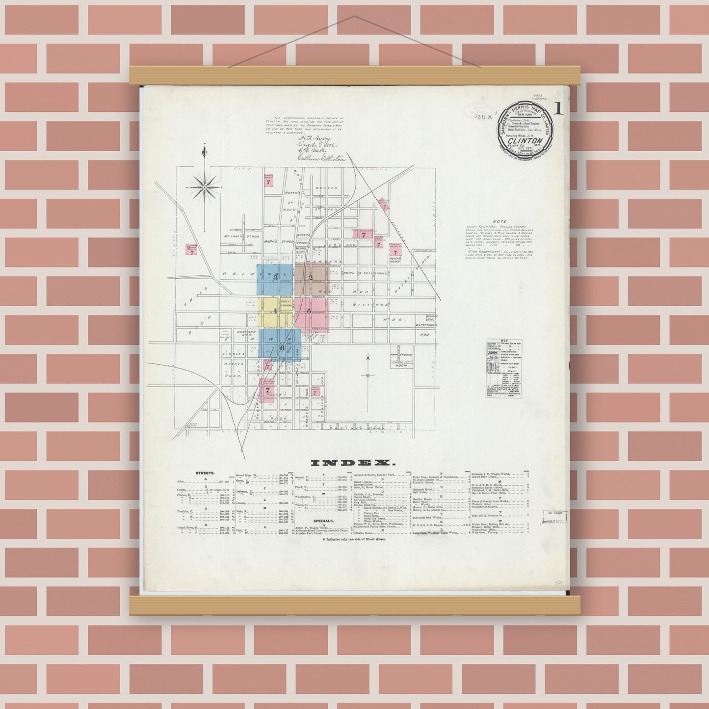 Old map wall art mockup — magnetic wood frame on brick wall — Sanborn Fire Insurance Map from Clinton, Henry County, Missouri (1891) - Complete Map Set