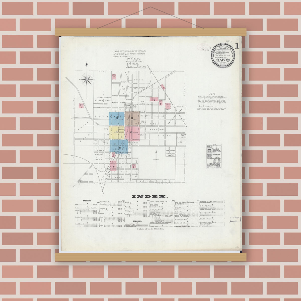 Old map wall art mockup — magnetic wood frame on brick wall — Sanborn Fire Insurance Map from Clinton, Henry County, Missouri (1891) - Complete Map Set