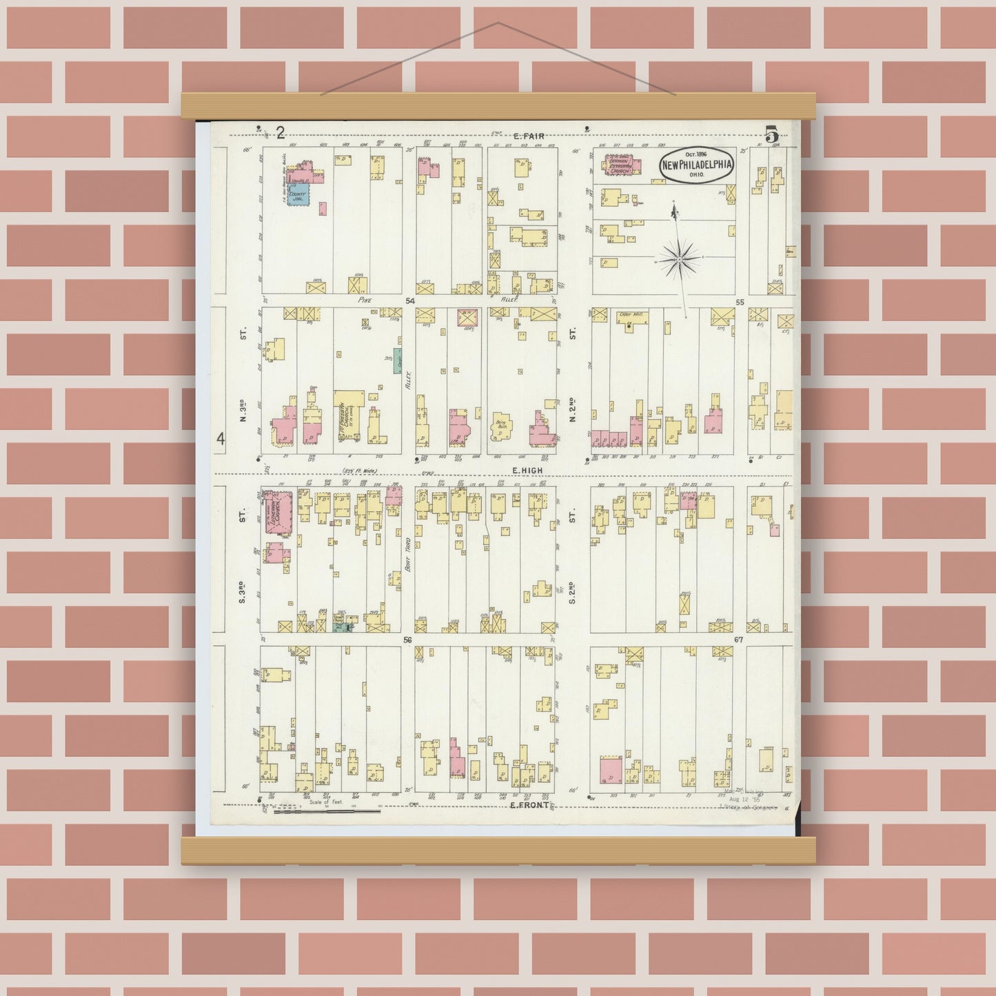 Old map wall art mockup — magnetic wood frame on brick wall — Sanborn Fire Insurance Map from New Philadelphia, Tuscarawas County, Ohio (1896), Sheet #0005