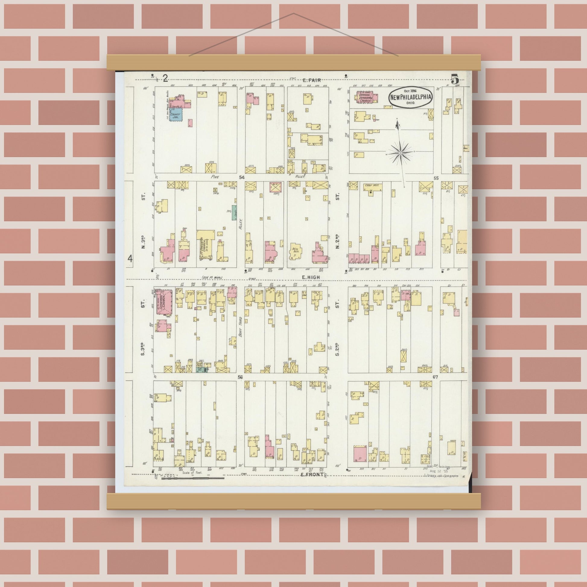 Old map wall art mockup — magnetic wood frame on brick wall — Sanborn Fire Insurance Map from New Philadelphia, Tuscarawas County, Ohio (1896), Sheet #0005