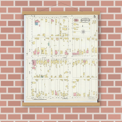 Old map wall art mockup — magnetic wood frame on brick wall — Sanborn Fire Insurance Map from New Philadelphia, Tuscarawas County, Ohio (1896), Sheet #0005