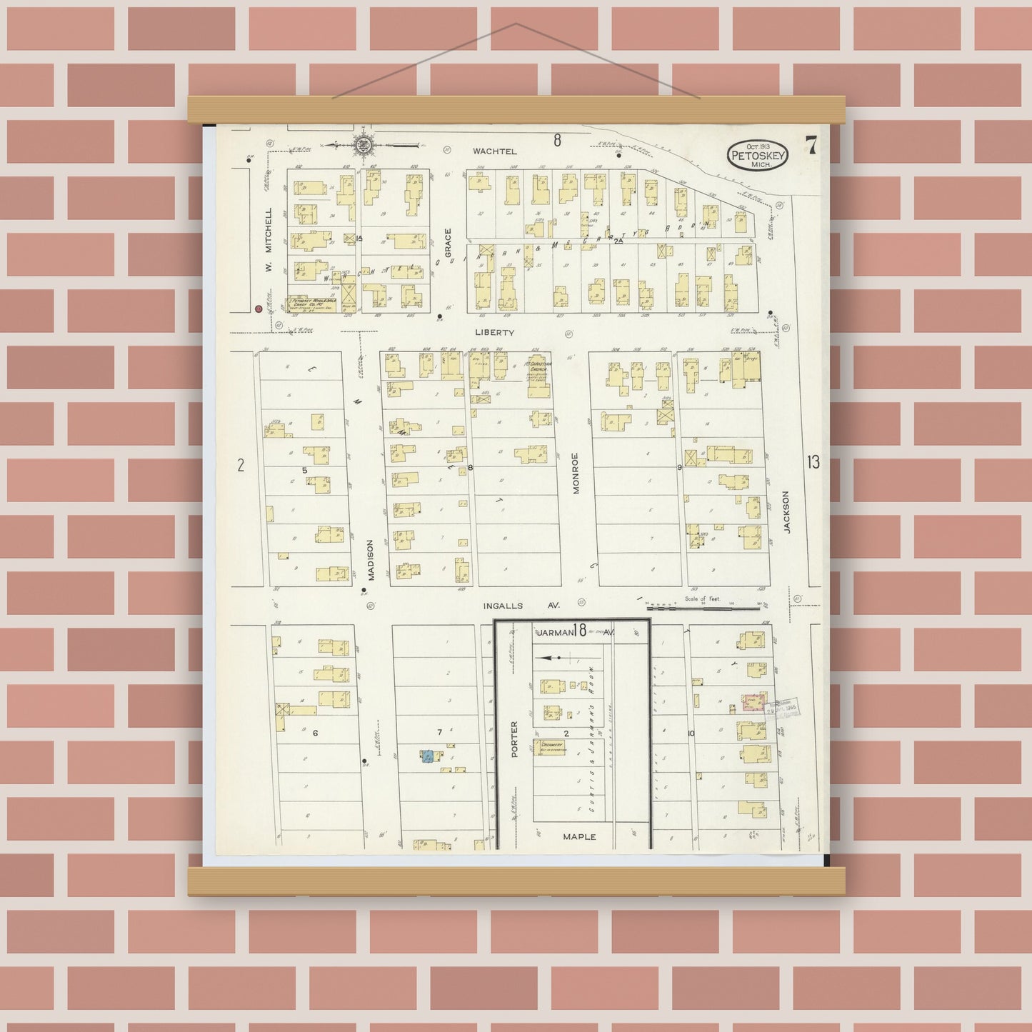 Old map wall art mockup — magnetic wood frame on brick wall — Sanborn Fire Insurance Map from Petoskey, Emmet County, Michigan (1913), Sheet #0007
