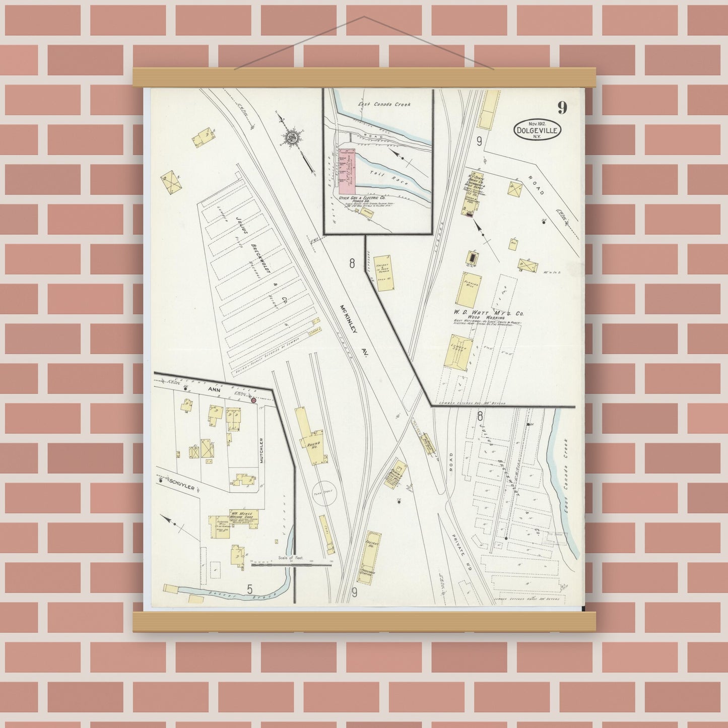 Old map wall art mockup — magnetic wood frame on brick wall — Sanborn Fire Insurance Map from Dolgeville, Hirkimer County, New York (1912), Sheet #0009