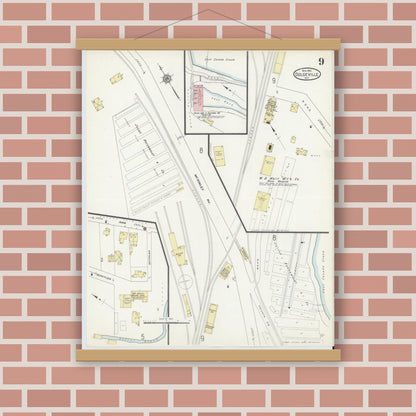 Old map wall art mockup — magnetic wood frame on brick wall — Sanborn Fire Insurance Map from Dolgeville, Hirkimer County, New York (1912), Sheet #0009