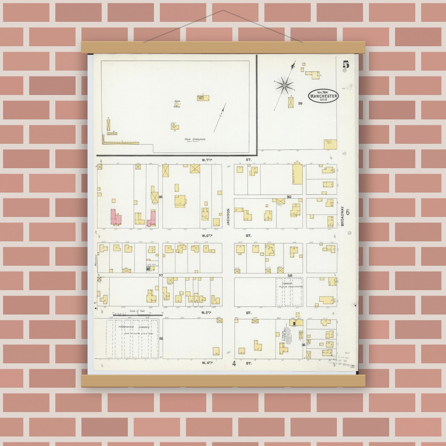 Old map wall art mockup — magnetic wood frame on brick wall — Sanborn Fire Insurance Map from Manchester, Adams County, Ohio (1904), Sheet #0005
