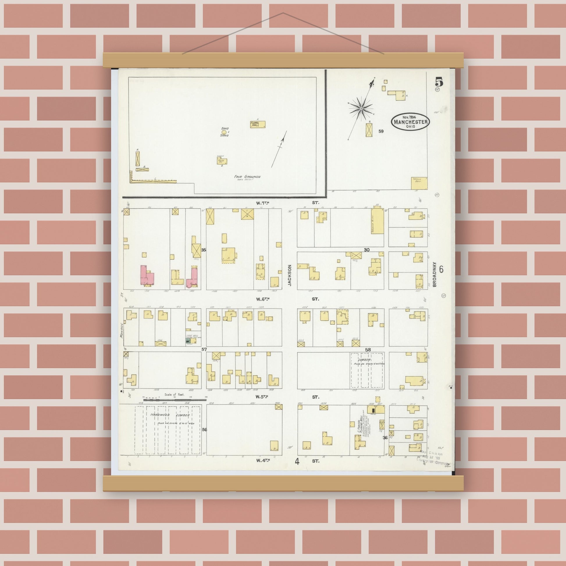 Old map wall art mockup — magnetic wood frame on brick wall — Sanborn Fire Insurance Map from Manchester, Adams County, Ohio (1904), Sheet #0005