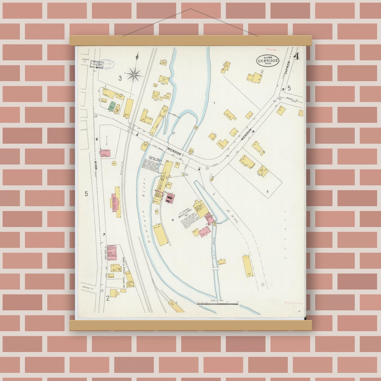 Old map wall art mockup — magnetic wood frame on brick wall — Sanborn Fire Insurance Map from Uxbridge, Worcester County, Massachusetts (1898), Sheet #0004