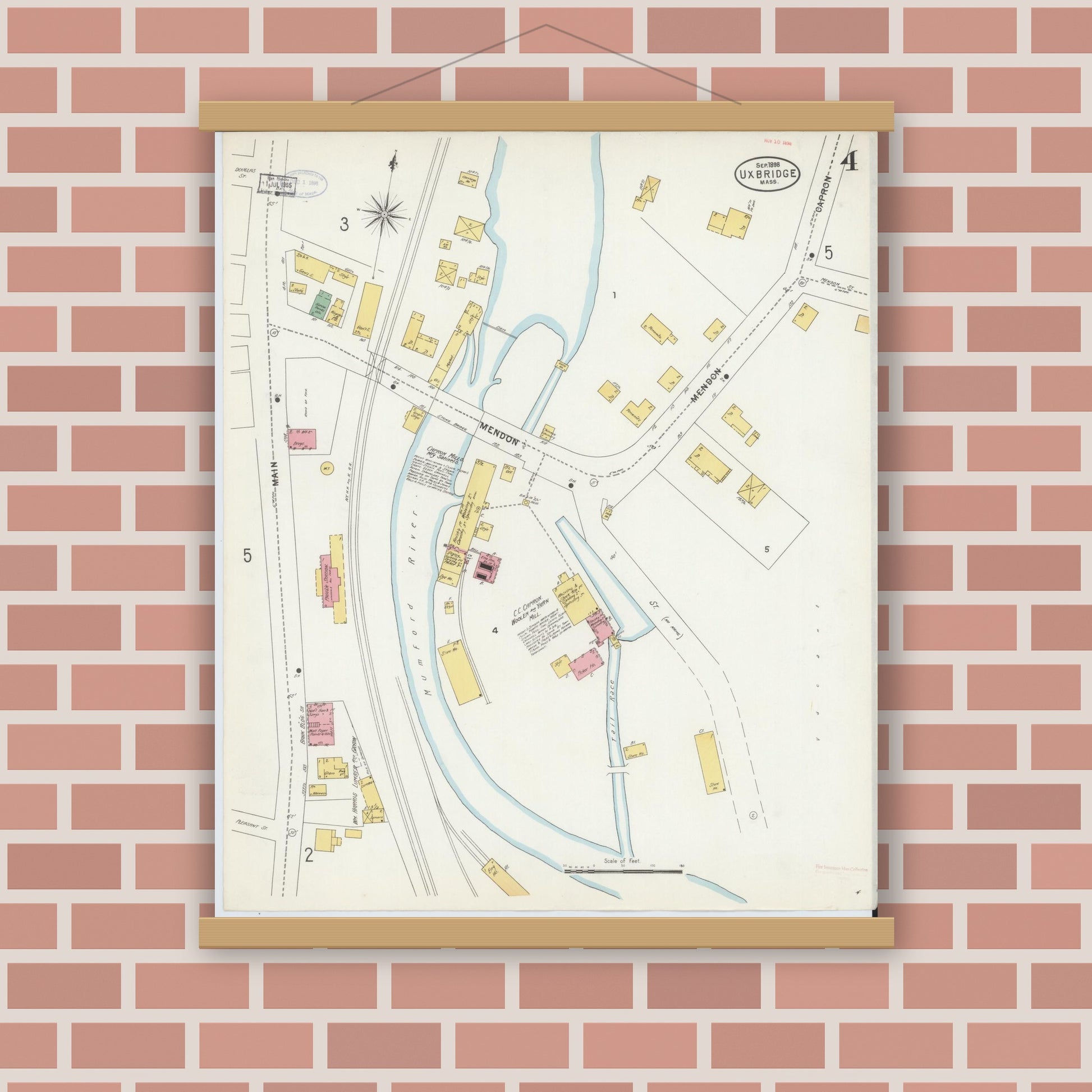 Old map wall art mockup — magnetic wood frame on brick wall — Sanborn Fire Insurance Map from Uxbridge, Worcester County, Massachusetts (1898), Sheet #0004
