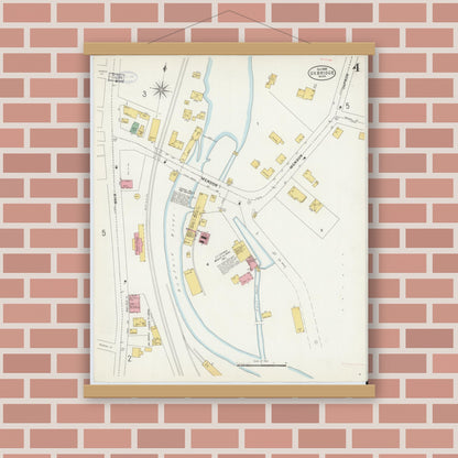 Old map wall art mockup — magnetic wood frame on brick wall — Sanborn Fire Insurance Map from Uxbridge, Worcester County, Massachusetts (1898), Sheet #0004