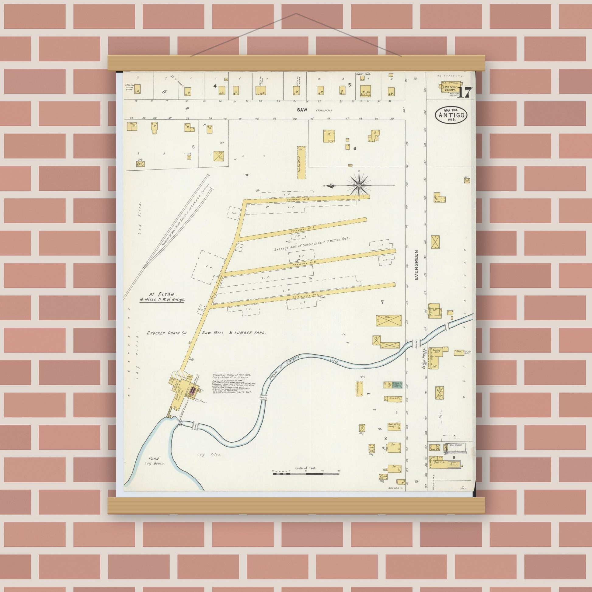 Old map wall art mockup — magnetic wood frame on brick wall — Sanborn Fire Insurance Map from Antigo, Langlade County, Wisconsin (1904), Sheet #0017