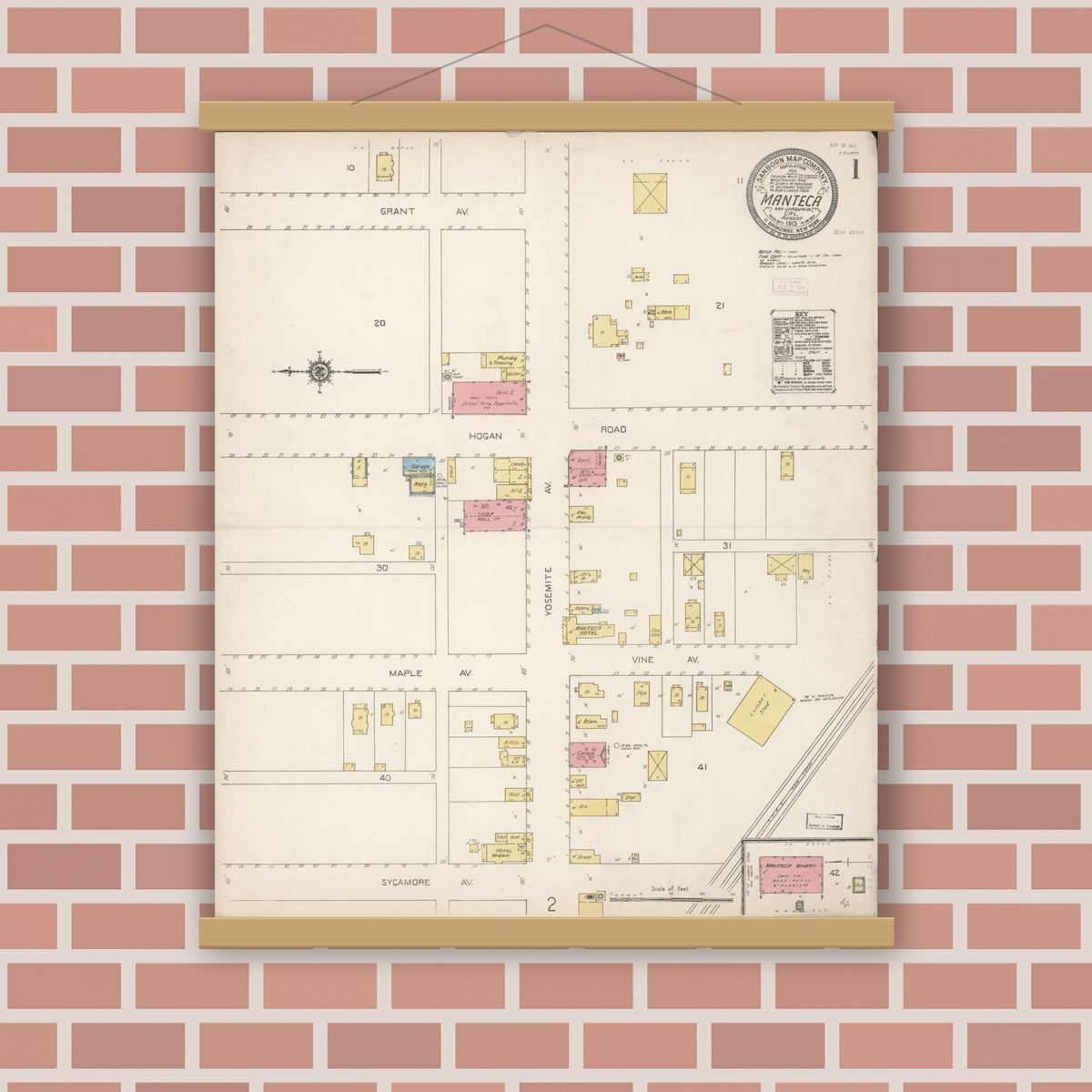 Old map wall art mockup — magnetic wood frame on brick wall — Sanborn Fire Insurance Map from Manteca, San Joaquin County, California (1913) - Complete Map Set