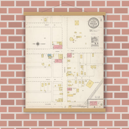 Old map wall art mockup — magnetic wood frame on brick wall — Sanborn Fire Insurance Map from Manteca, San Joaquin County, California (1913) - Complete Map Set