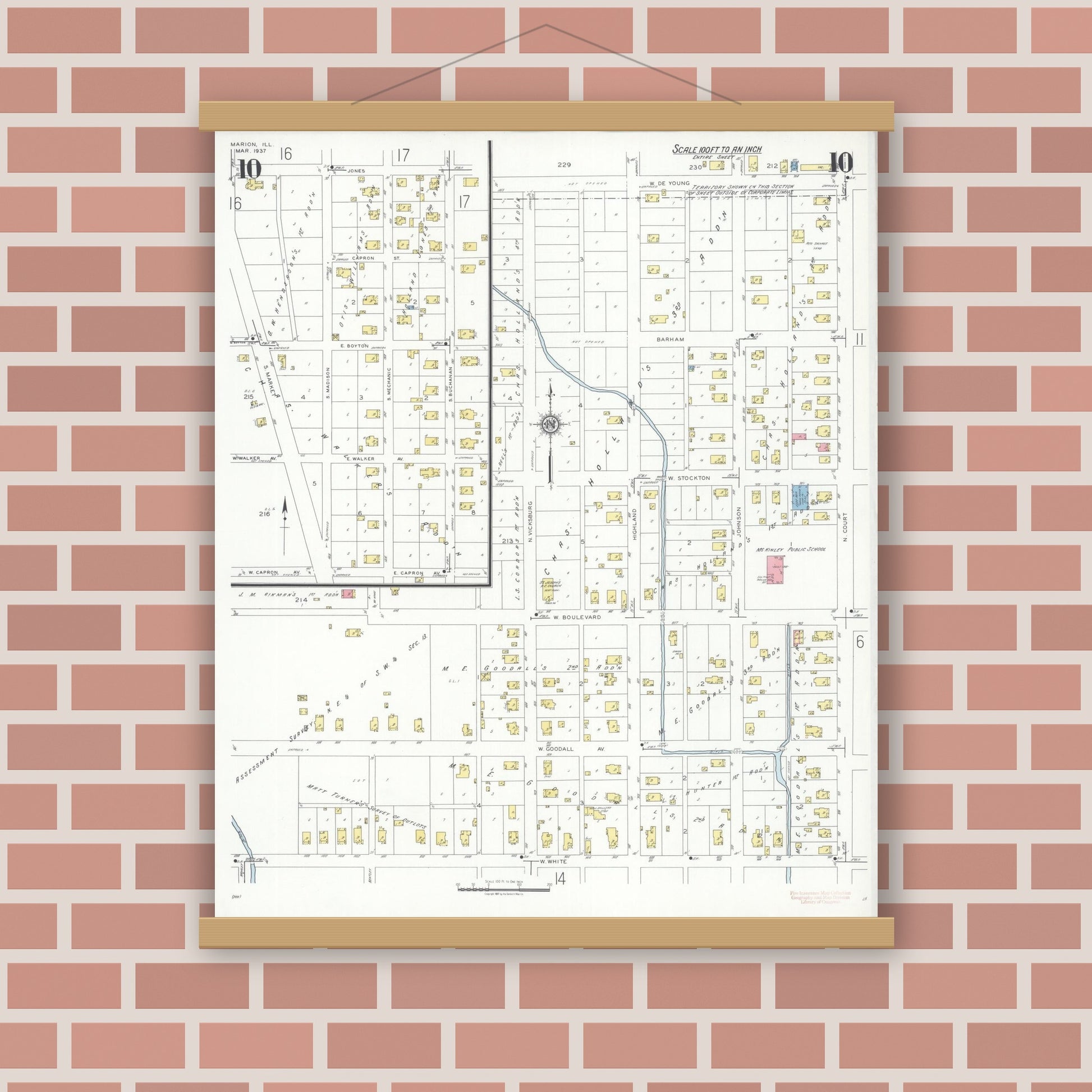 Old map wall art mockup — magnetic wood frame on brick wall — Sanborn Fire Insurance Map from Marion, Williamson County, Illinois (1937), Sheet #0010