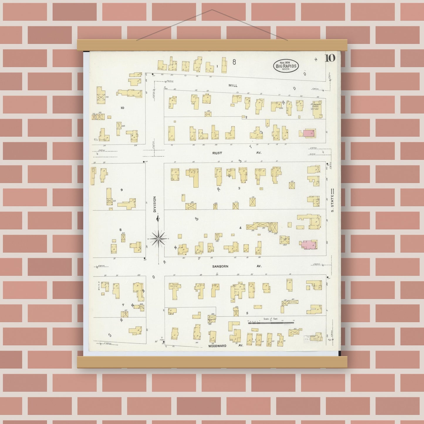 Old map wall art mockup — magnetic wood frame on brick wall — Sanborn Fire Insurance Map from Big Rapids, Mecosta County, Michigan (1908), Sheet #0010