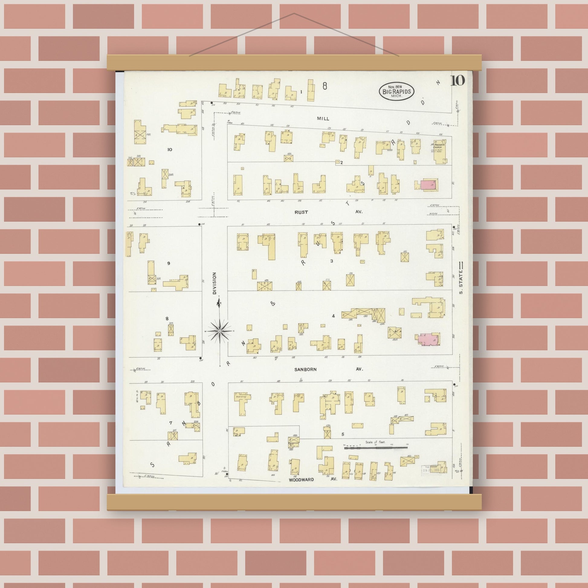 Old map wall art mockup — magnetic wood frame on brick wall — Sanborn Fire Insurance Map from Big Rapids, Mecosta County, Michigan (1908), Sheet #0010