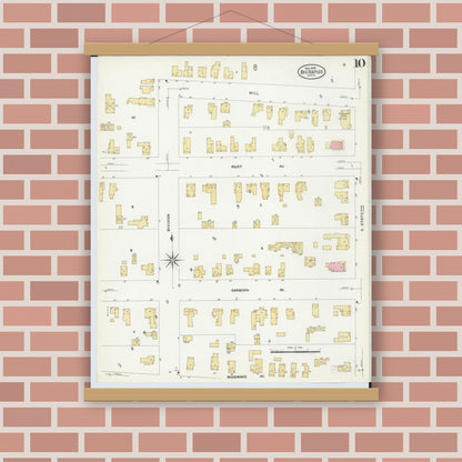 Old map wall art mockup — magnetic wood frame on brick wall — Sanborn Fire Insurance Map from Big Rapids, Mecosta County, Michigan (1908), Sheet #0010