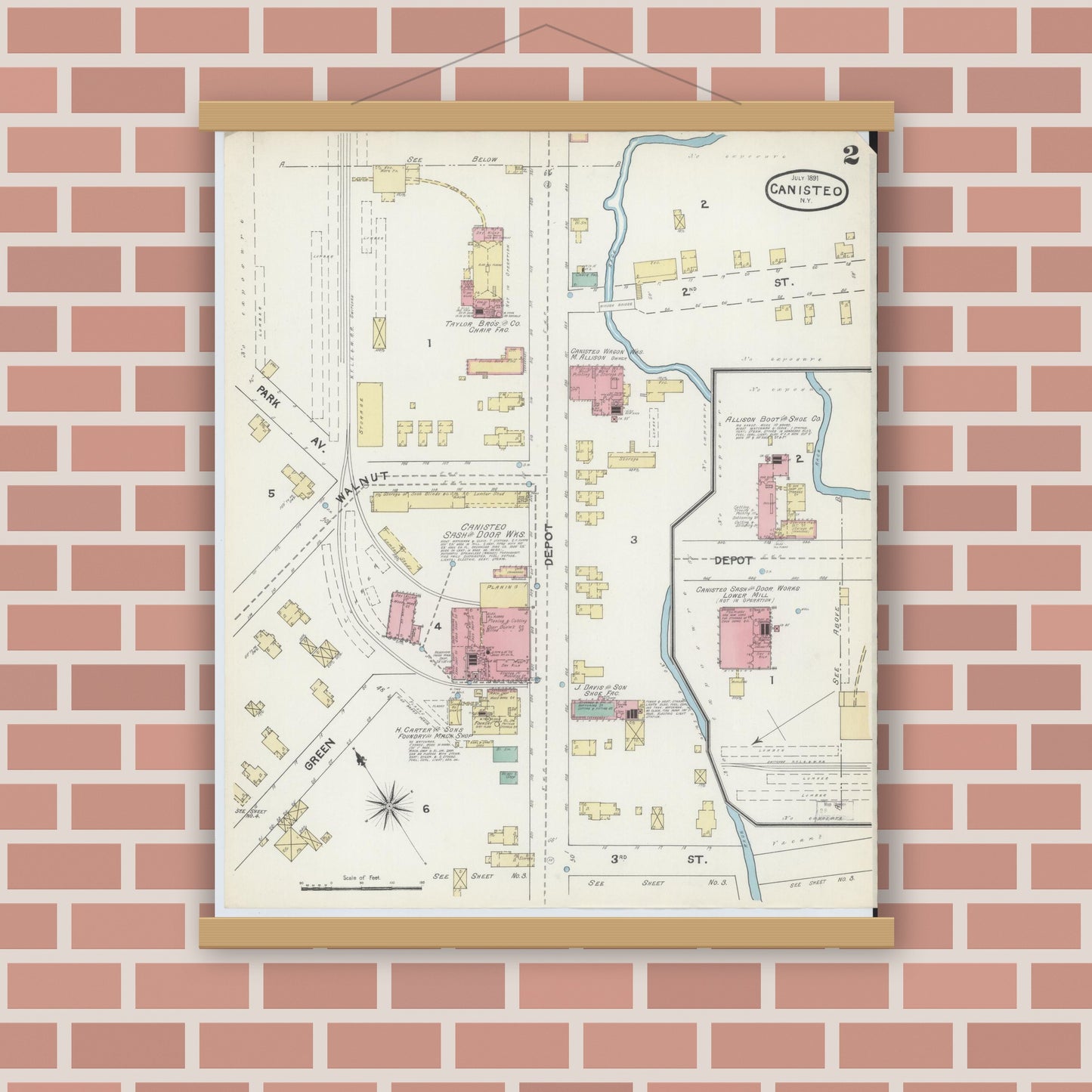 Old map wall art mockup — magnetic wood frame on brick wall — Sanborn Fire Insurance Map from Canisteo, Steuben County, New York (1891), Sheet #0002