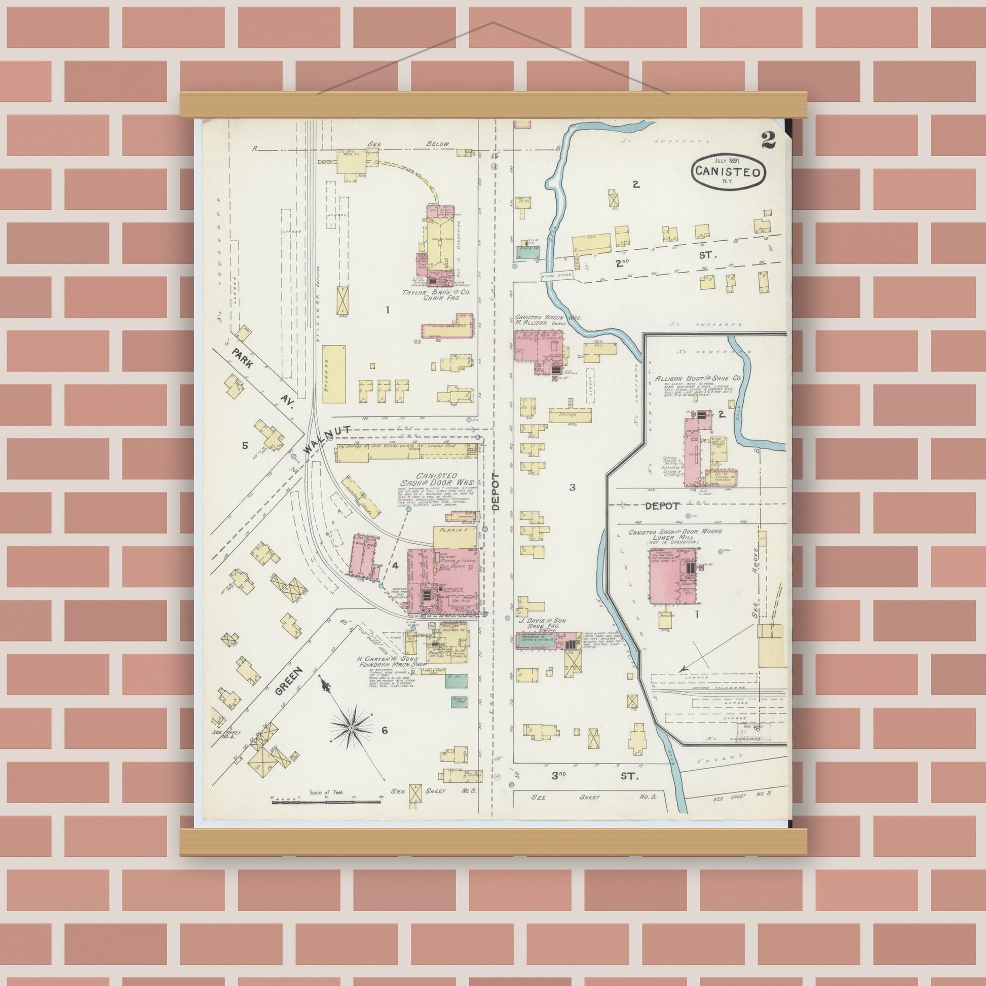 Old map wall art mockup — magnetic wood frame on brick wall — Sanborn Fire Insurance Map from Canisteo, Steuben County, New York (1891), Sheet #0002