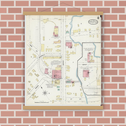 Old map wall art mockup — magnetic wood frame on brick wall — Sanborn Fire Insurance Map from Canisteo, Steuben County, New York (1891), Sheet #0002