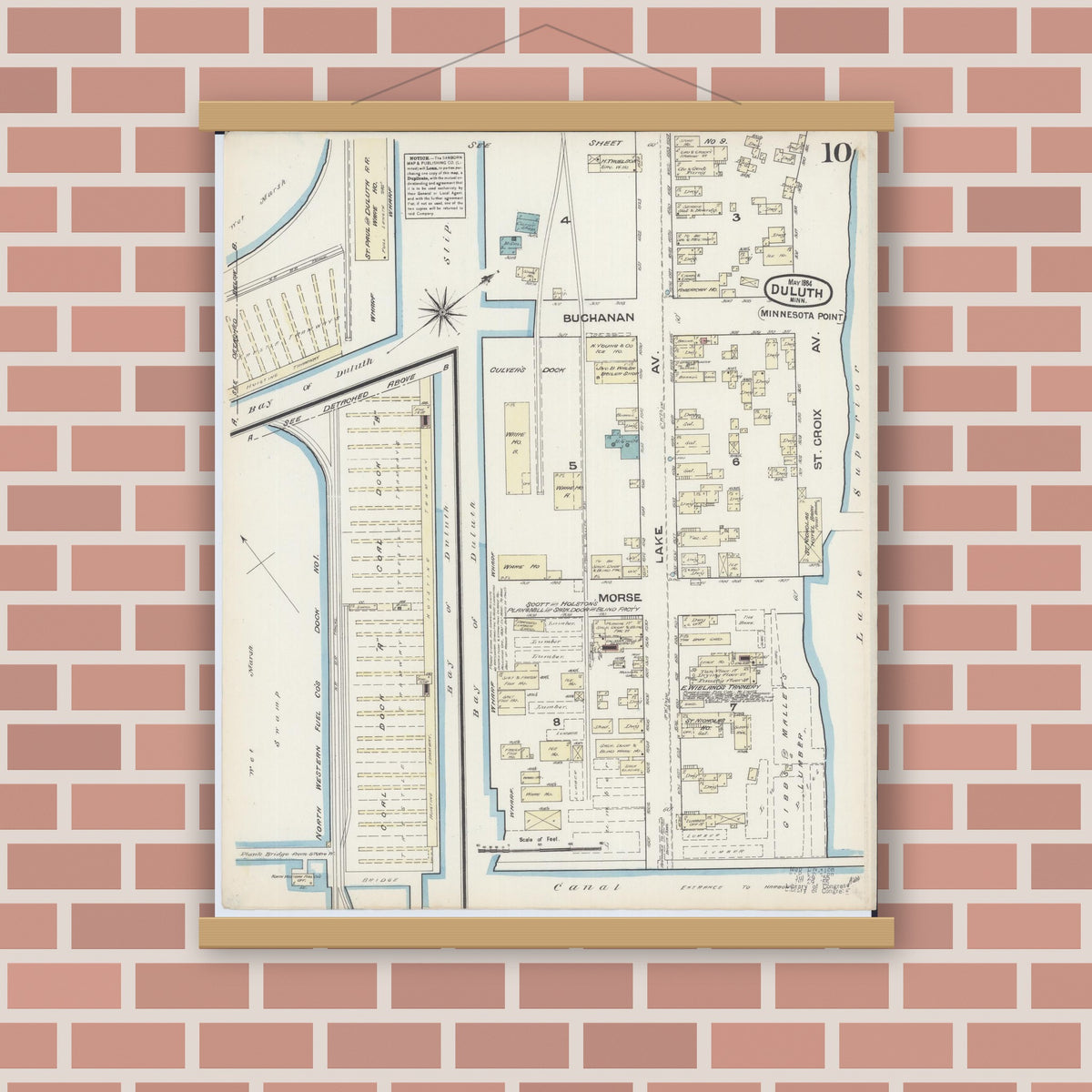 Old map wall art mockup — magnetic wood frame on brick wall — Sanborn Fire Insurance Map from Duluth, Saint Louis County, Minnesota (1884), Sheet #0010