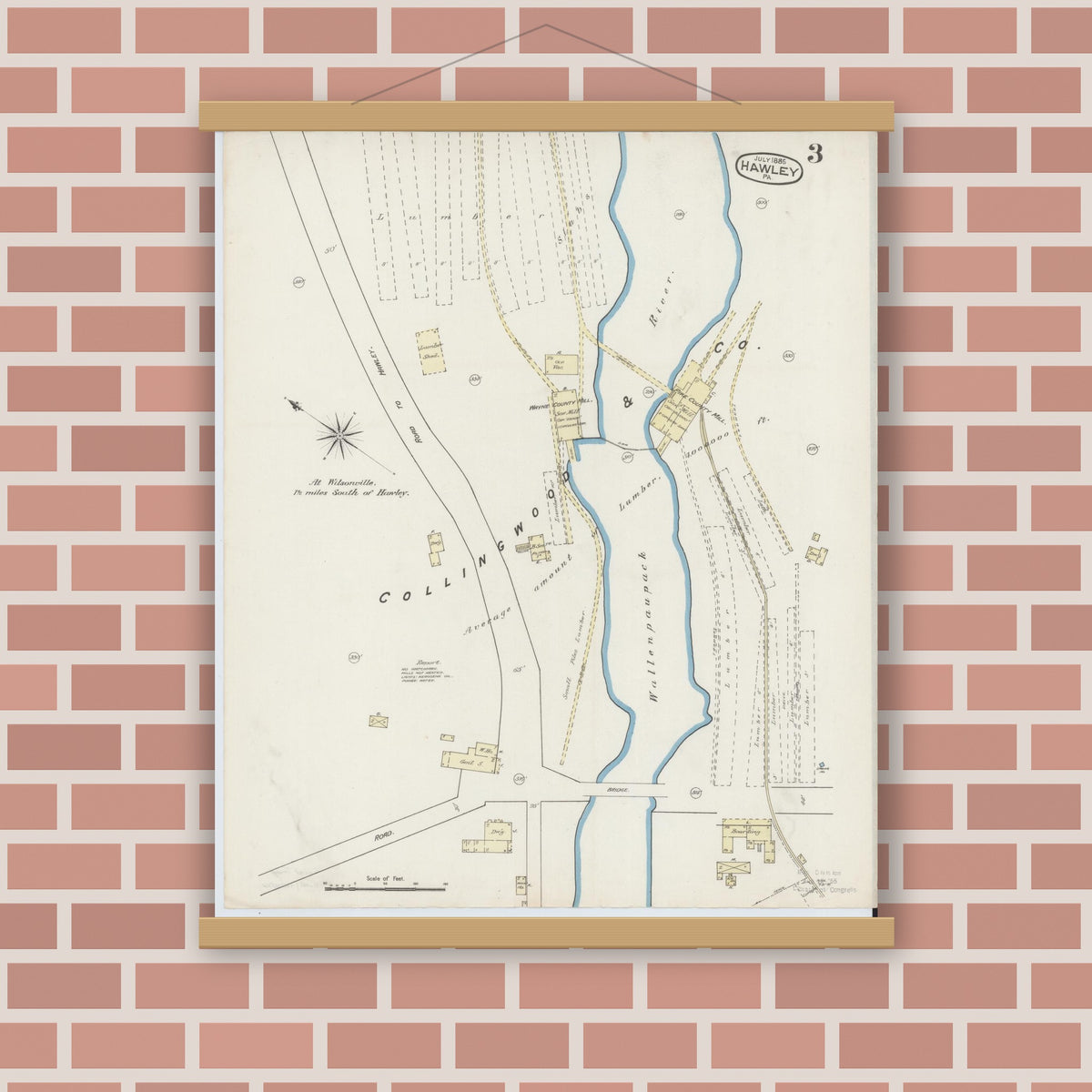 Old map wall art mockup — magnetic wood frame on brick wall — Sanborn Fire Insurance Map from Hawley, Wayne County, Pennsylvania (1885), Sheet #0003