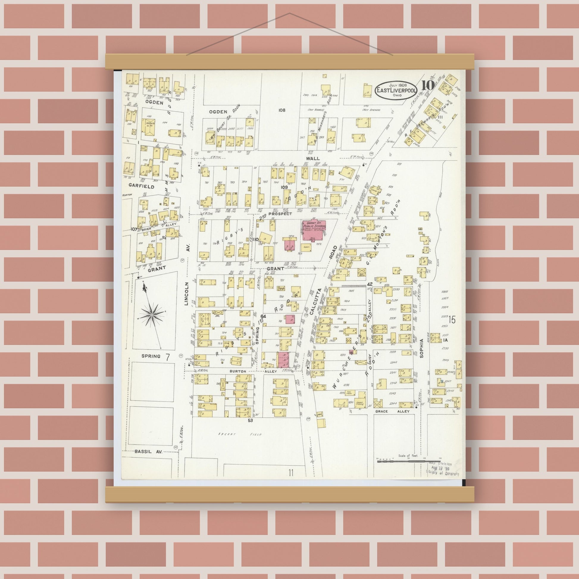 Old map wall art mockup — magnetic wood frame on brick wall — Sanborn Fire Insurance Map from East Liverpool, Columbiana County, Ohio (1908), Sheet #0010