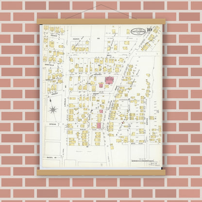Old map wall art mockup — magnetic wood frame on brick wall — Sanborn Fire Insurance Map from East Liverpool, Columbiana County, Ohio (1908), Sheet #0010