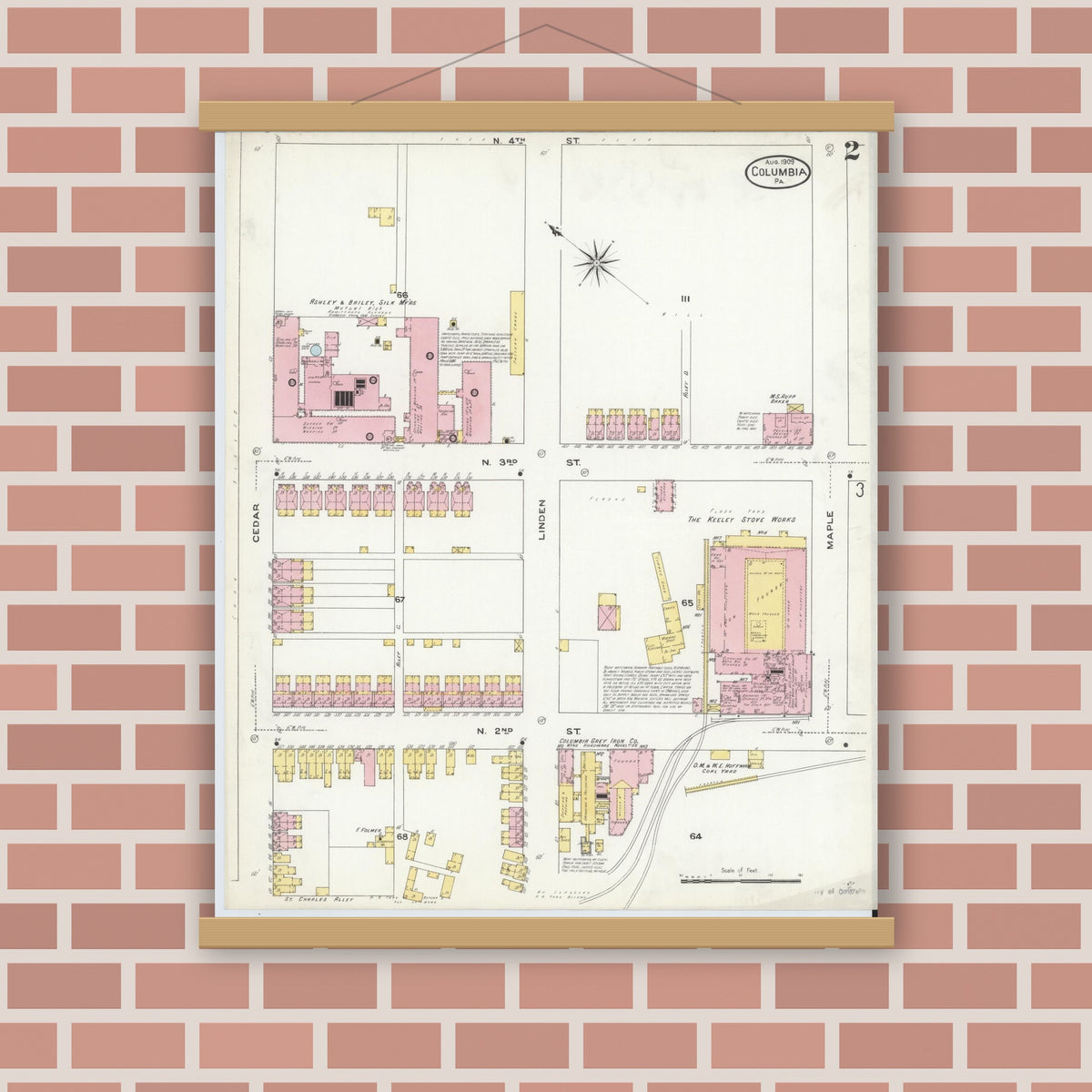 Old map wall art mockup — magnetic wood frame on brick wall — Sanborn Fire Insurance Map from Columbia, Lancaster County, Pennsylvania (1909), Sheet #0002