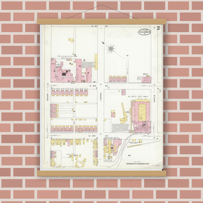 Old map wall art mockup — magnetic wood frame on brick wall — Sanborn Fire Insurance Map from Columbia, Lancaster County, Pennsylvania (1909), Sheet #0002