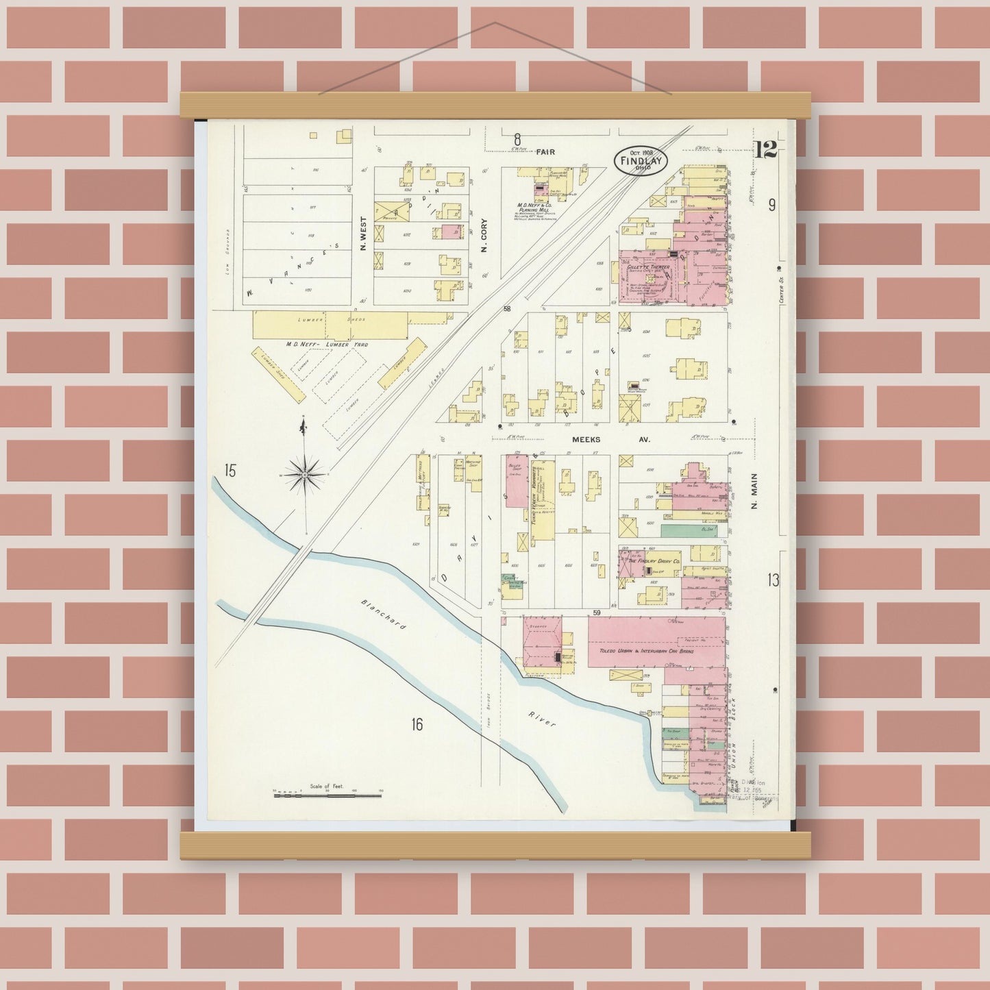 Old map wall art mockup — magnetic wood frame on brick wall — Sanborn Fire Insurance Map from Findlay, Hancock County, Ohio (1908), Sheet #0012