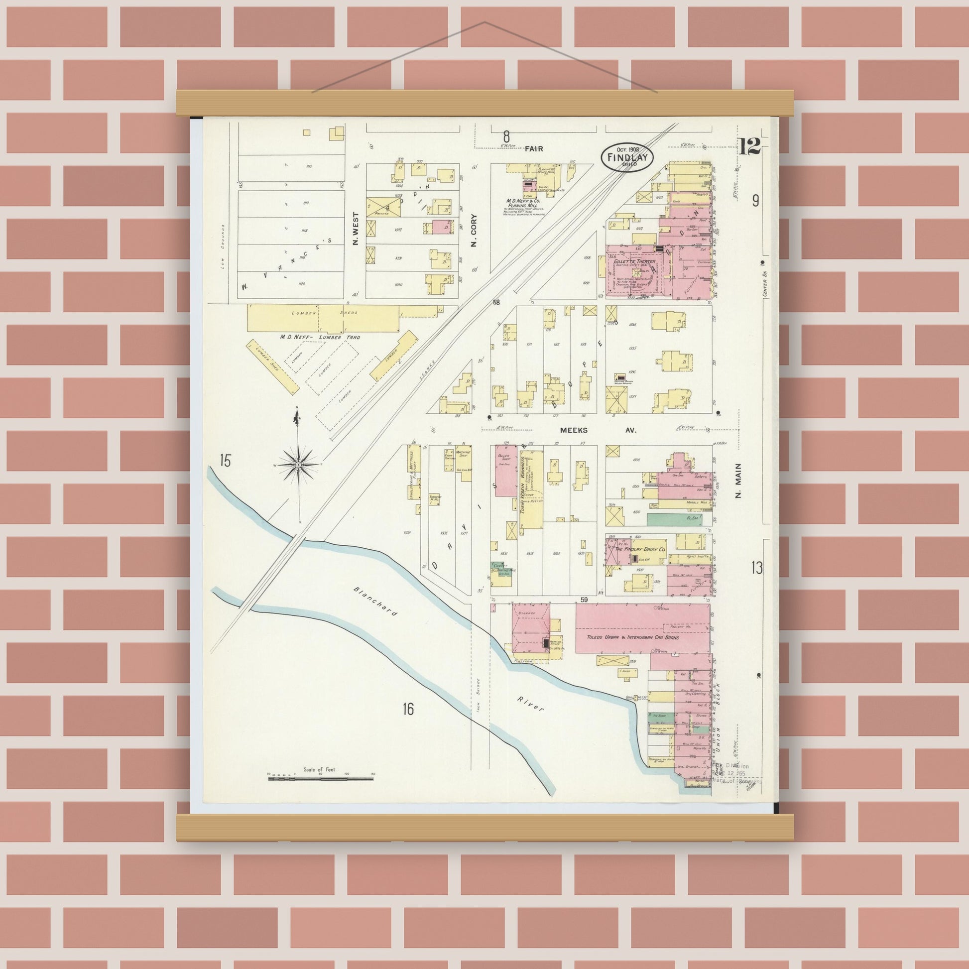 Old map wall art mockup — magnetic wood frame on brick wall — Sanborn Fire Insurance Map from Findlay, Hancock County, Ohio (1908), Sheet #0012