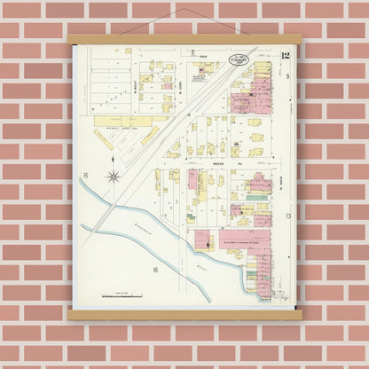 Old map wall art mockup — magnetic wood frame on brick wall — Sanborn Fire Insurance Map from Findlay, Hancock County, Ohio (1908), Sheet #0012