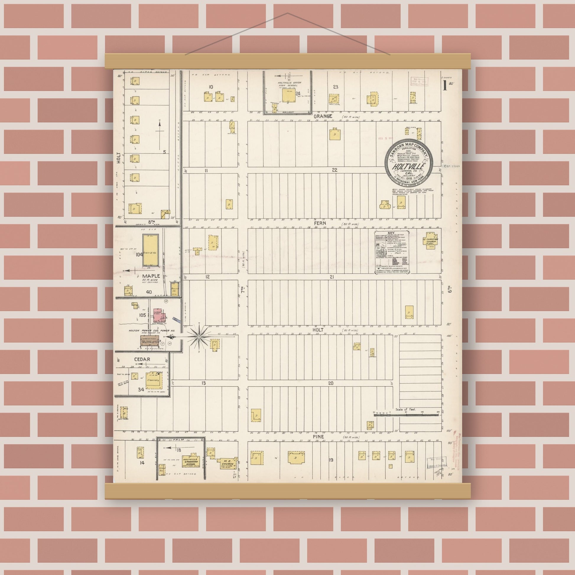 Old map wall art mockup — magnetic wood frame on brick wall — Sanborn Fire Insurance Map from Holtville, Imperial County, California (1910) - Complete Map Set