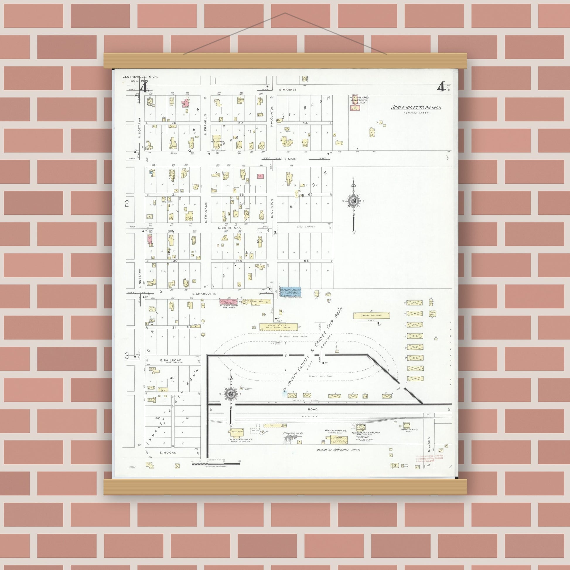 Old map wall art mockup — magnetic wood frame on brick wall — Sanborn Fire Insurance Map from Centreville, Saint Joseph County, Michigan (1939), Sheet #0004
