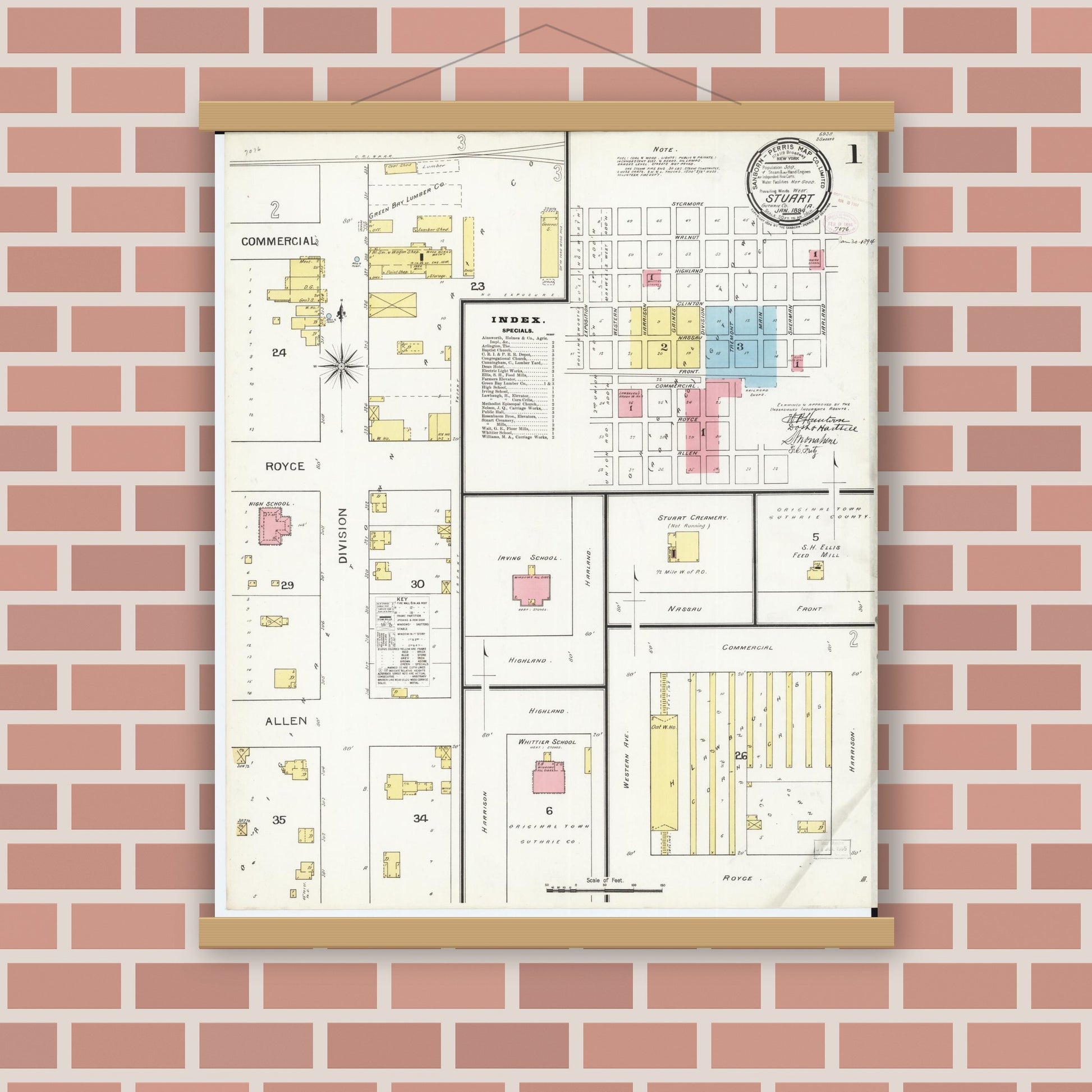 Old map wall art mockup — magnetic wood frame on brick wall — Sanborn Fire Insurance Map from Stuart, Guthrie and Adair Counties, Iowa (1894) â€” Complete Set
