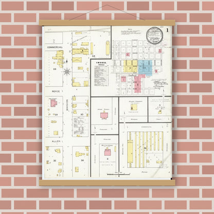 Old map wall art mockup — magnetic wood frame on brick wall — Sanborn Fire Insurance Map from Stuart, Guthrie and Adair Counties, Iowa (1894) â€” Complete Set