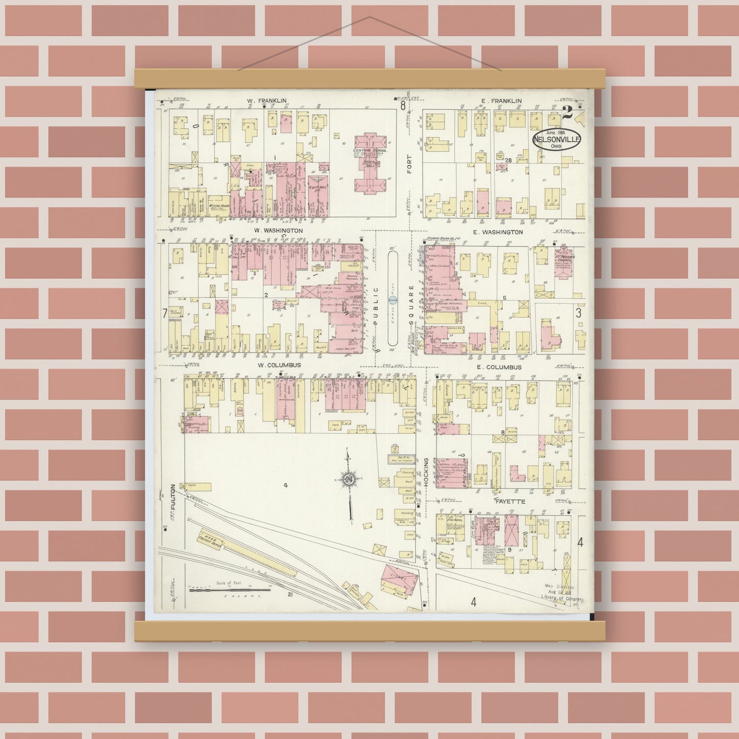Old map wall art mockup — magnetic wood frame on brick wall — Sanborn Fire Insurance Map from Nelsonville, Athens County, Ohio (1914), Sheet #0002